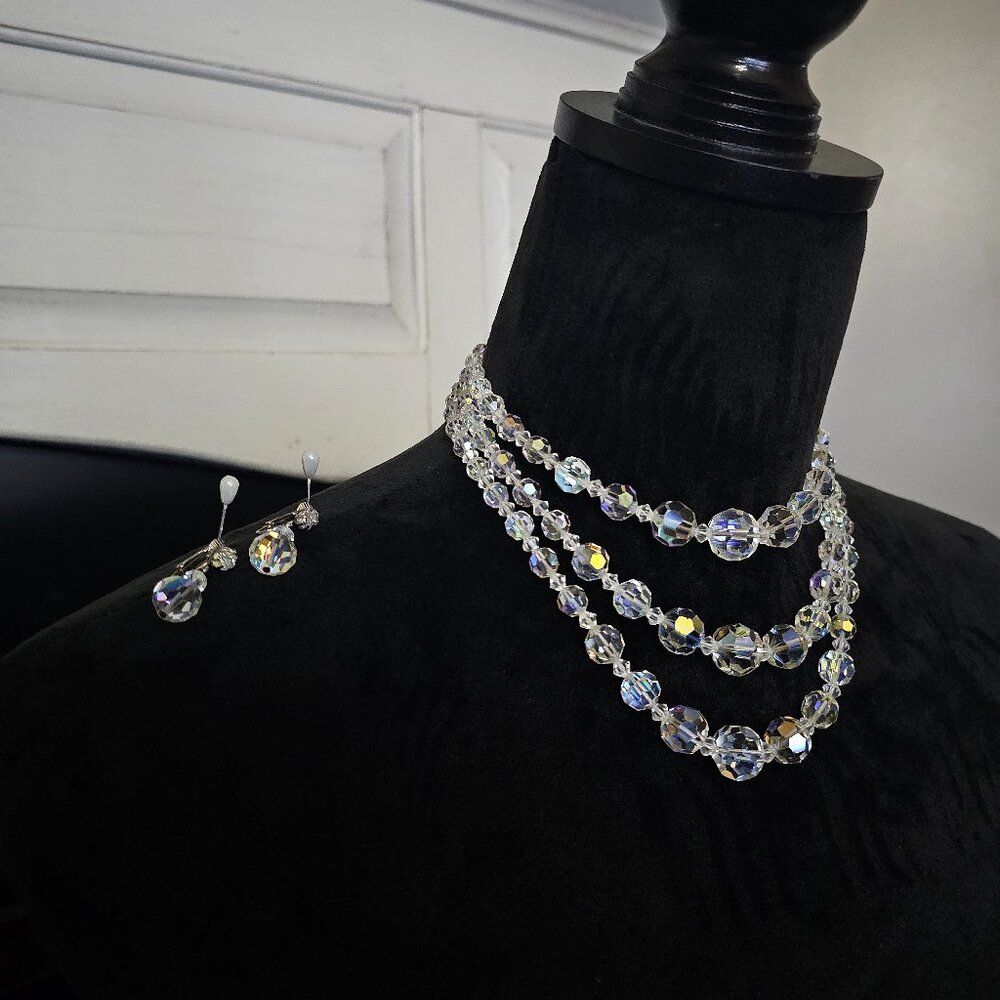 Vintage SET 1950’s 3 Strand Aurora Borealis Clear Crystal Glass Collar & Earings